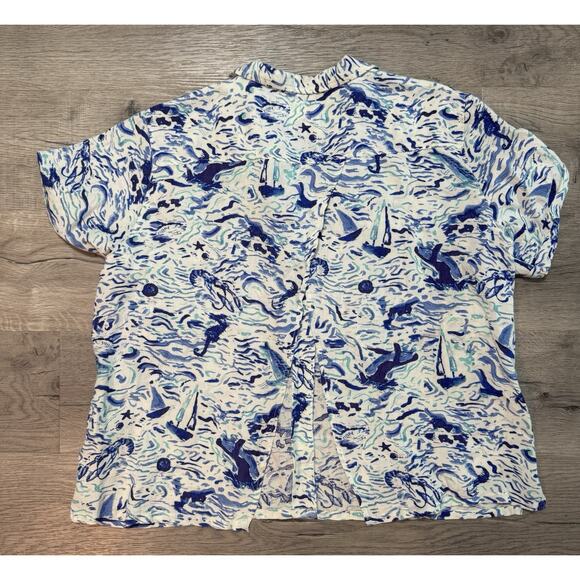 Anthropologie Maeve Classic Surf Shirt Linen Blend Blue White Open Back Large - Picture 6 of 7